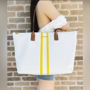 NWT $368 MSRP Michael Kors White and Yellow Striped Tote Bag